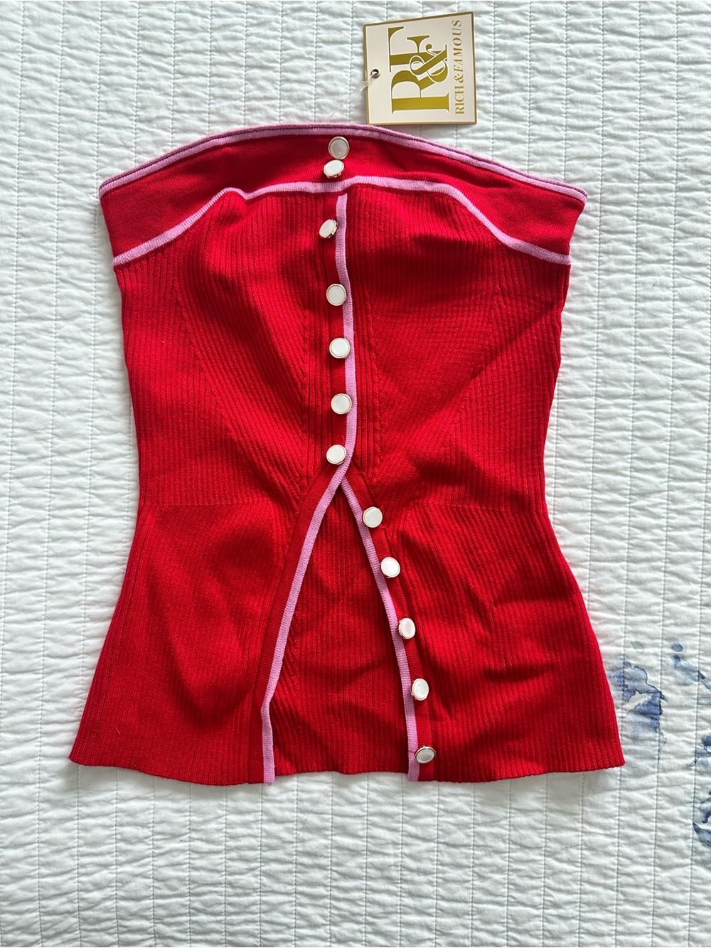 Rich & Famous Red Strapless Bustier Button-Front Top